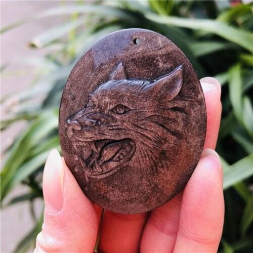 Natural jewel Wolf head statue silver silver obsidian small animal stone and healing crystal craft carved statues for home decor