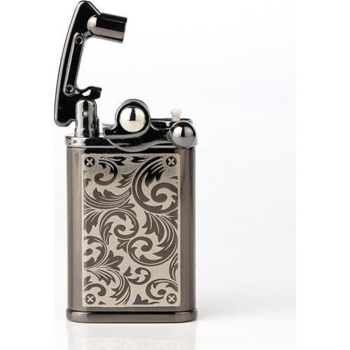 Tang Grass Pattern Pure Copper Ultra-thin Carved Grinding Wheel Kerosene Lighter Tobacco Accessories Lighter Vintage Men Gifts