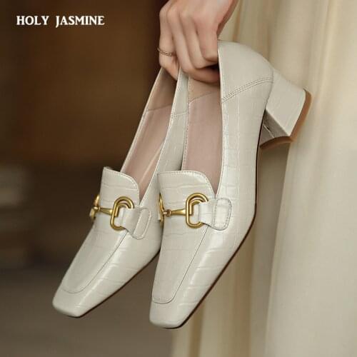 Female Genuine Leather Retro Party Shoes Woman 2021 Spring Autumn Slip-on Shallow Shoes Women New Square Toe High Heels Pumps