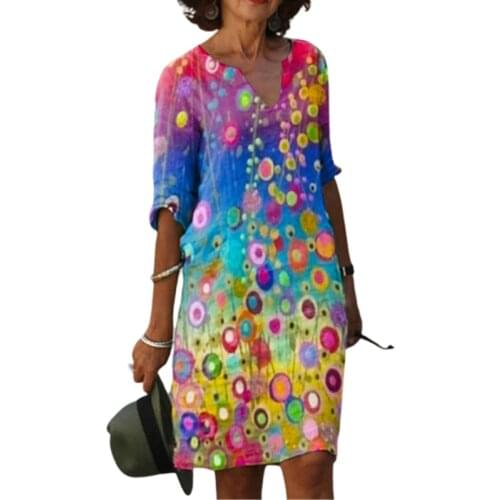 Vintage Half Sleeve Floral Print V-neck Linen Dress Women Summer New Casual Loose Knee Length Fashion Party Vestidos Elegant 3XL