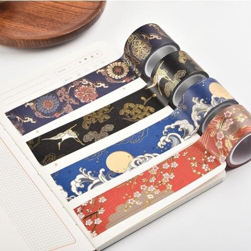 Japanese Washi Tape Retro Masking Tapes Paper Sticker DIY Decorative Generous Crane Sea Wave Adhesives Stationery Sticker Label