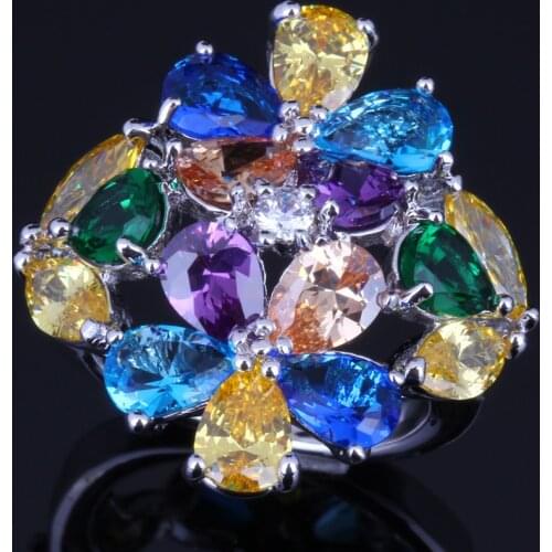 Remarkable Huge Multi-Gem Multi-Color Yellow Cubic Zirconia Silver Plated Ring V0163