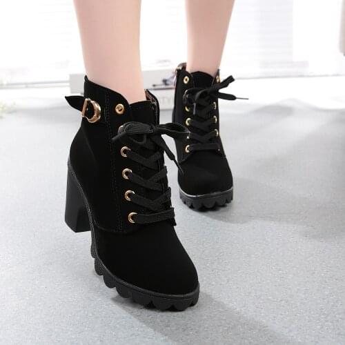 2019 New Autumn Winter Women Boots High Quality Solid Lace-up European Ladies Shoes PU Fashion High Heels Boots 35-43