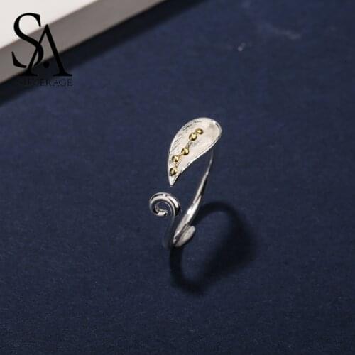 SA SILVERAGE Moment Real 925 Sterling Silver Vintage Gold Leaf Rings for Women Bijoux Natural Fashion Jewelry Adjustable Rings
