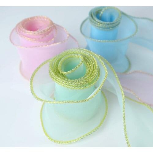 50mm Wave Silk Organza Ribbon Bow Gold Edge Lace Ribbon For Hair Ornament DIY Gift Wrapping Decor Sewing Fabric Clothing Supplie