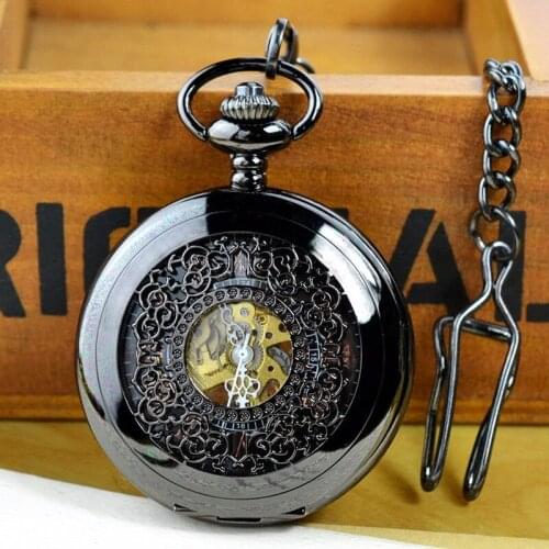 8001B) Jet Black Filigree Flower Mechanical Pocket Watch with fob chain ,Hunter Case, 6 pcs/lot