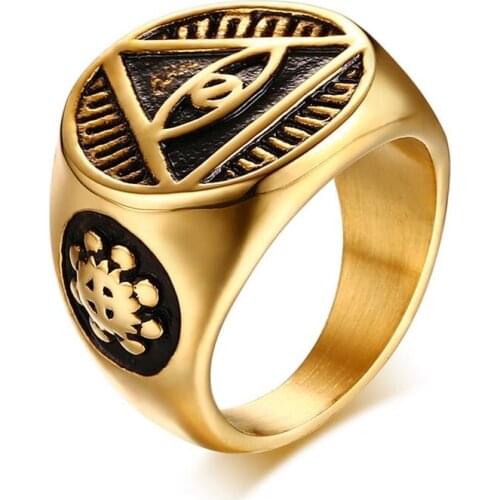 Antique Men Ring Triangle Eye of Providence Illuminati Pyramid All Seeing Eye Stainelss Steel Male Punk Jewelry