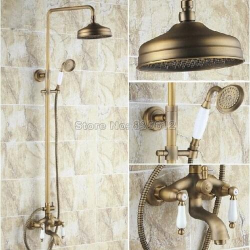 Antique Brass 8 inch Rain Shower Faucet Set with Hand Spray / Wall Mounted Bathroom Ceramic Handles Bathtub Mixer Taps Wrs162