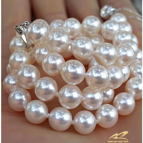 Free shipping 925 silver real natural big Genuine natural seawater pearl necklace 9-10mm white circle very light flawless