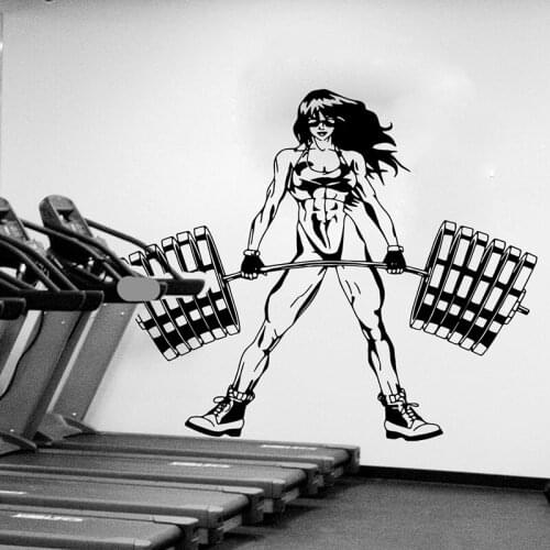 Large Beauty Girl Barbell Dumbbells Gym Wall Sticker Fitness Crossfit Bodybuilding Muscle Strong Wall Decal Vinyl Decor
