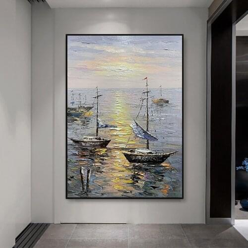 Large Wall Art Seascenery Boat Painting Handmade Canvas Oil Painting Home Office Decor Sailboat Picture Hand Painted Unframed