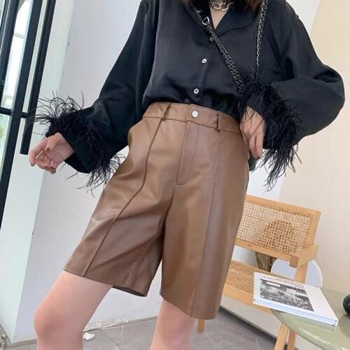 Womens pants 2021 new fashion spring and autumn high waist genuine leather pants short style trouser suits knee length