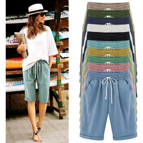 Leosoxs Summer New Fashion Casual Elastic Band Womens Lnee Length Pants Solid Hemming Straight Pocket Ladieses Pants Plus Size