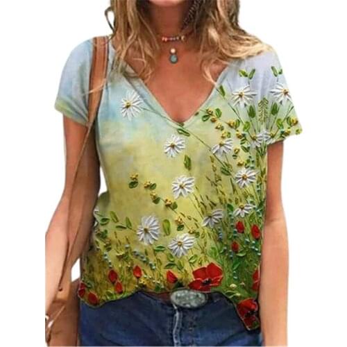 Casual Women Summer New T-shirt Fashion Contrast Color Floral Print Ladies Loose Top For Girls Plus Size Short Sleeve Streetwear