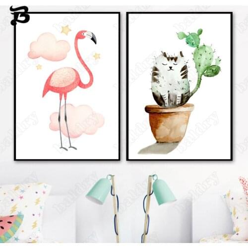 Canvas Painting Cat Green Plants Pink Flamingo Potted Plant Wall Art Nordic Posters and Prints for Living Room Home Wall Decor