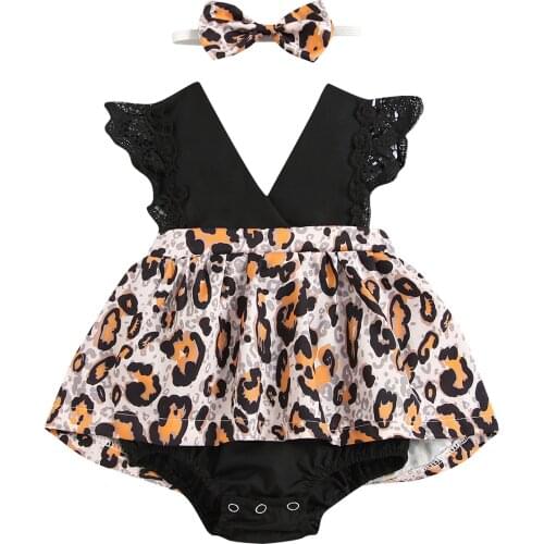 Newborn Baby Girls Rompers Headband 0-24M Leopard/Sunflowers Printed V Neck Lace Sleeve Jumpsuits