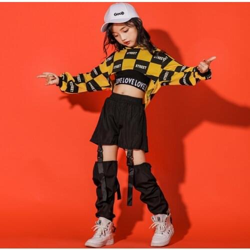 Children Girl long Sleeve Black Yellow Hip Hop Hiphop Ds Jazz Dance Costumes Ballroom Clothes Outfit