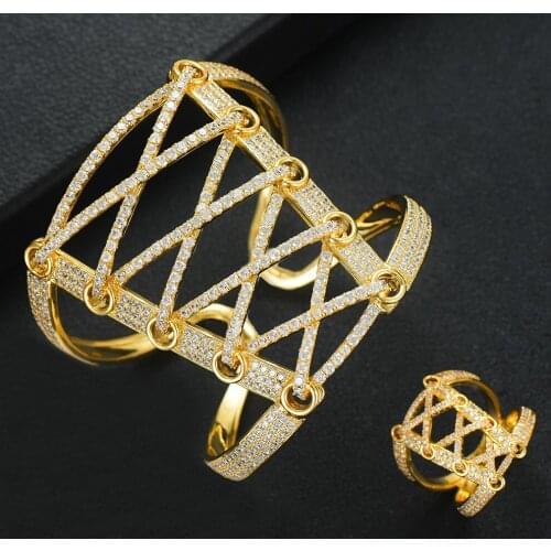 LARRAURI 2PCS Wide Big Corset Bracelets/Ring Jewelry Sets Luxury Cubic Zirconia Girls Women Patry Wedding Open Bangle Rings 2020