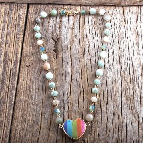 MD Fashion Bohemian Tribal Jewelry Glass & Stones Rosary Chain Natural Stone Heart Pendant Necklaces For Women Gift Jewelry
