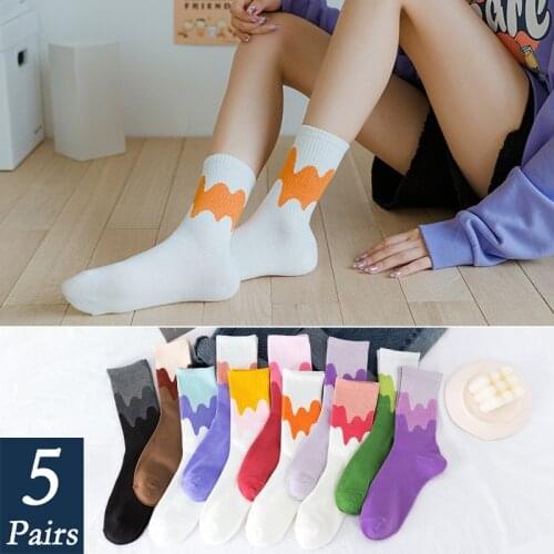 5 Pairs New Women Happy Streetwear Socks Cotton Stripes Patchwork Colorful Fashion Sock Harajuku Tide Girl Skateboard Crew Socks