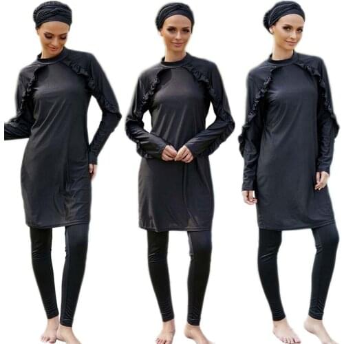 2021 New Muslim Burkini Women Swimwear Ruffles Long Sleeve Tops+Pants+Hat 3 Piece Set Swimsuit Islamic Modest Bathing Suit Swim