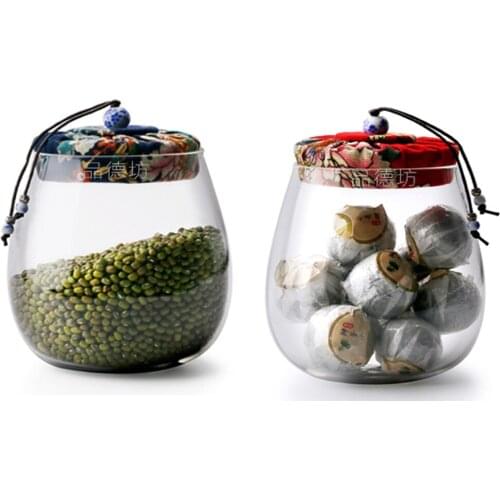 New Retro Style Clear Glass Tea Can W/ Cloth Covered Cork Lid Kitchen Food Storage Nuts Jar Goods Puerh tea Cannister
