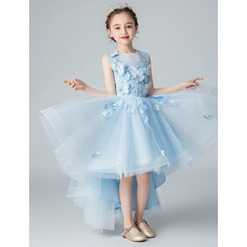 Sky Blue Tulle Girls Party Dress Appliques Flower Girl Dress For Wedding Kids Pageant Costume Princess First Communion Dresses