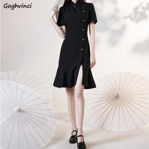Chinese Traditional Dresses Women Slim Sexy Side Slit Pearl Buttons Ruffles Ladies Mermaid Qipao Knee Length Classic Solid Ins
