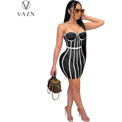 VAZN 2021 Striped Print Night Club Sleeveless Summer Elegant Dresses Sexy Club Birthday Dress Women Elegant Fashion Mini Dress