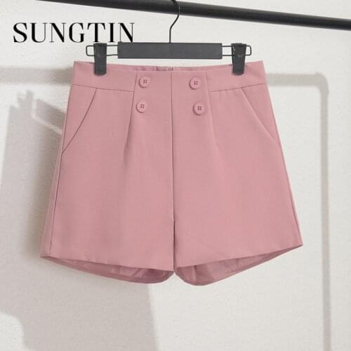 Sungtin Button Basic Shorts Women 7 Color High Waist Fashion Solid Wide Leg Short Pants Korean Summer Shorts Woman Clothes 2021