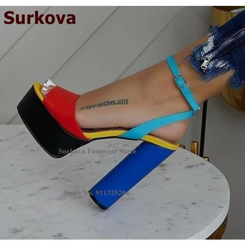 Surkova Blue Matte Leather Chunky Heel Sandals Black Red Color Patchwork Platform Dress Shoes Open Toe Buckle Strap Footwear