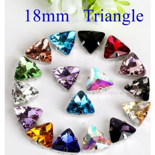 18mm 10pcs/pack Triangle Shape Glass Sew On Rhinestone With Claw Strass Metal Base Buckle Crystal Stone Diamond For Clothes
