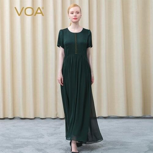VOA Green Silk Party Dresses AE926 Round Neck Short Sleeve Double Georgette Stitching Skirt Dignified Mature Woman Summer Dress