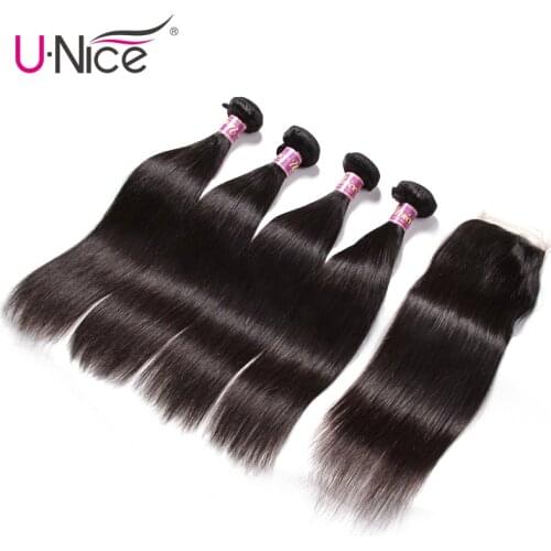 UNICE HAIR 4 Bundles with Closure Malaysian Straight Hair Weave with Closure Natural Color Remy Hair Swiss Lace Closure 5 PCS