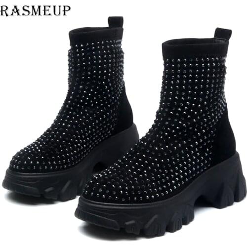 RASMEUP Womens Spring Boots Rhinestone Women Platform Boot 2020 Fashion Stretch Warm Thick Sole Ladies Chunky Shoes Big Size
