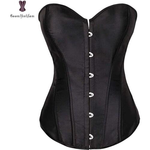 Overbust Satin Corset Plus Size Corsets Black White Women Front Buckle Closure Elastic Boned Corselet Top Waist Trainer Bustier