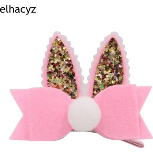2pcs/lot 3'' Bow Hairpin Glitter Rabbit Ear Hair Clip Fashion Felt Bow Barrette With Pom Headwear Girls Animal Ear Hairpin