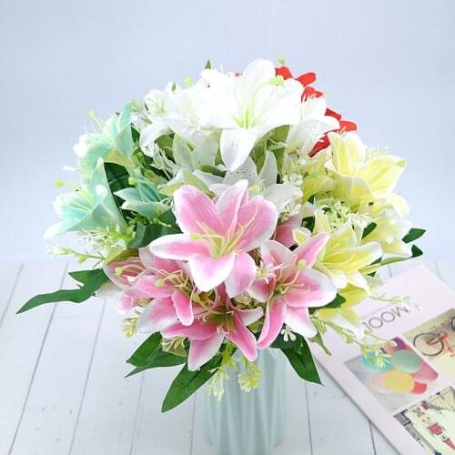 35cm Lily Artificial Silk Flower 7 heads Fake Flower Bouquet Decoration for Home Wedding Hotel Table Window Decoration