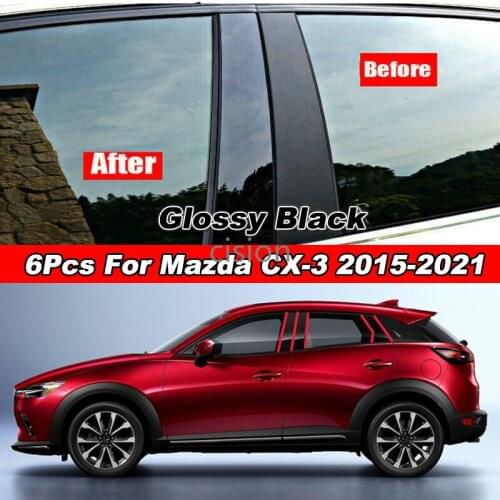 6Pcs Glossy Black / Carbon Fiber Car Door Window Center Column BC Pillar Post Sticker Trim Cover For Mazda CX-3 CX3 2015-2021