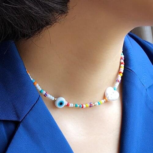 Bohemia Rainbow Seed Beads Simple Choker Necklace for Women Boho Evil Eye Love Pearl Sweet Colorful Collar Jewelry AM3238