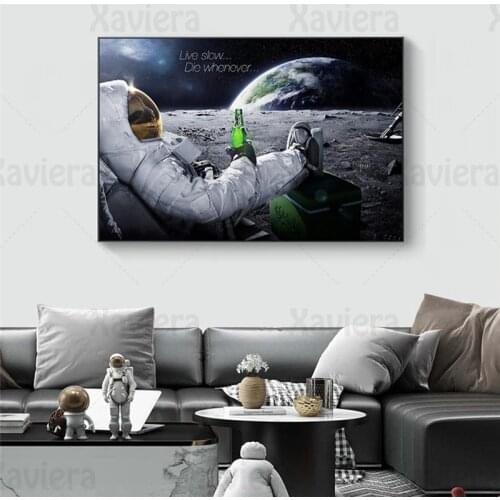 Black White Modern Painting Astronaut Drink Beer On The Moon Landscape Wall Art Canvas Print Home Decor for Bedroom Living Room