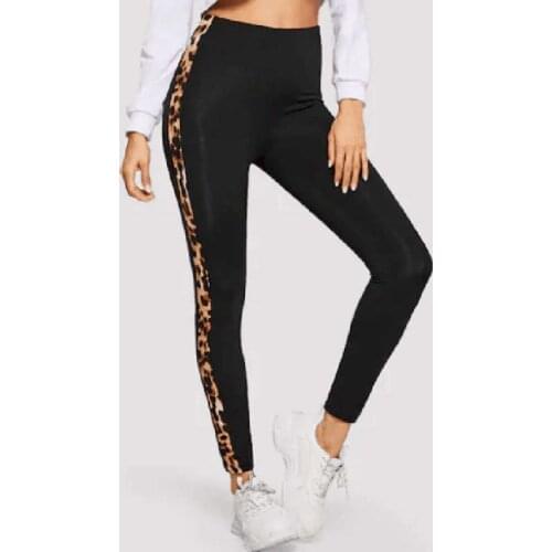 Black Elegant Modern Lady Solid Striped Side Leopard Print Leggings 2019 Autumn Highstreet Women Pants Trousers