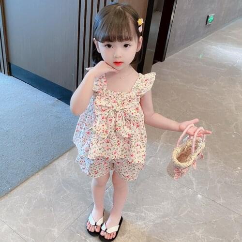 Kids Clothes Floral Vest + Short Girl Clothes Big Bow Outfit For Girls Summer Childrens Tracksuits