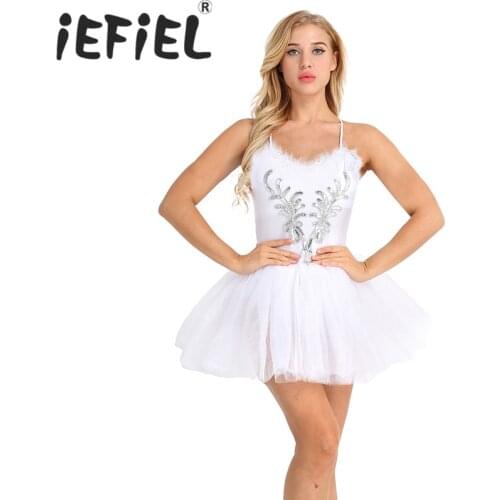 Elegant White Women Adults Swan Lake Costumes Ballet Dress Sequined and Beads Flower Leotard Tutu Dance Performance Tulle Dress