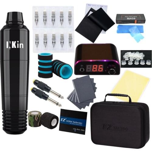 EZ Complete Tattoo Kit INKin Pen Rotary Tattoo Machine Set with Mini Power Supply Foot Pedal Switch Cartridge Needle Supply