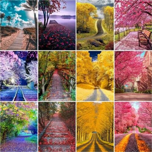 Huacan Diamond Painting Nutural Landscape Tree Diamond Embroidery Mosaic Road Cross Stitch Decoration For Home