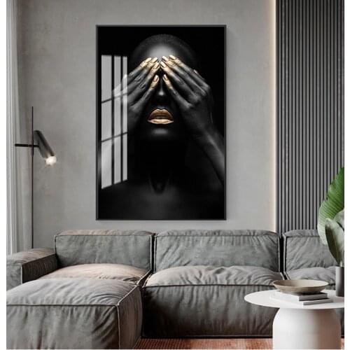 Prints African Wall Art Picture for Living Room Black Hand and Gold Lip Woman Oil Painting on Canvas Cuadros Posters and
