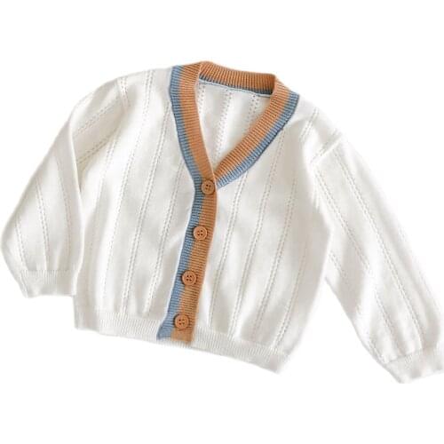 Summer Autumn Baby Girl Sweater Girls Jacket Knitted V-neck Cardigan Kids Boys White Patchwork Air Condition Children Sweet Tops