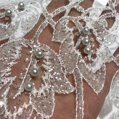 Designer Fashion African High Quality Pearl Beaded Bridal White Lace Wedding Fabric with Sequins Mesh Textiles for Women Dresses