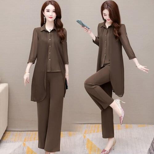 Summer Two Piece Set Women 2021 Chiffon Shirt Blouse Shorts Long Pants Sets Vintage High Waist Loose Office Lady M-4XL